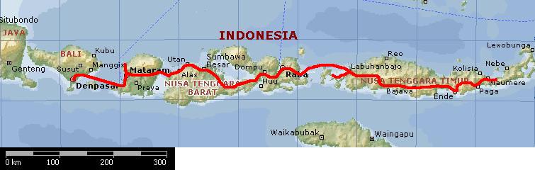 Karta över Bali, Lombok, Sumbawa och Flores.